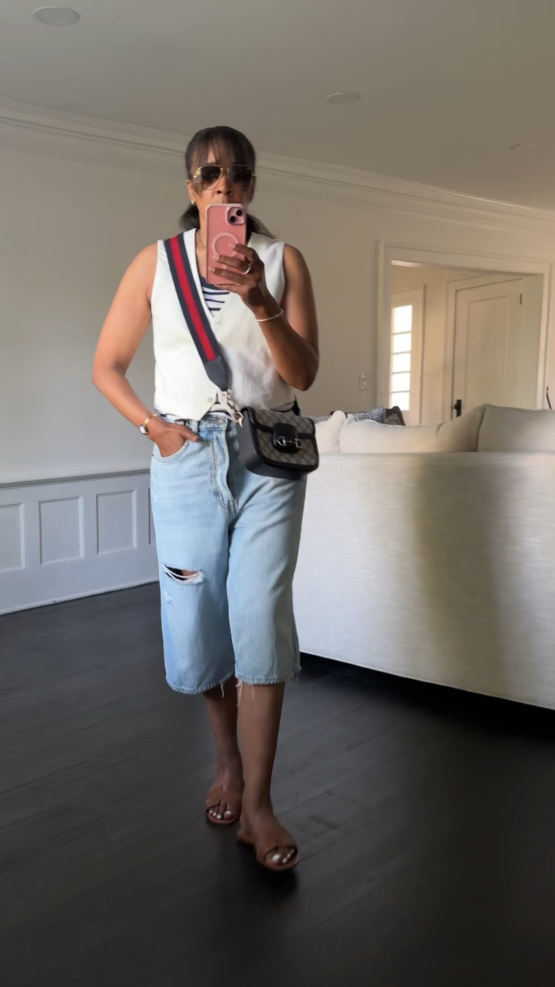 Casual spring outfit denim shorts linen vest tank top crossbody bag and flat sandals #style #nyc #fashion #ootd #gucci #hm #hermes #luxury 

#LTKOver40 #LTKgrwm #LTKootd