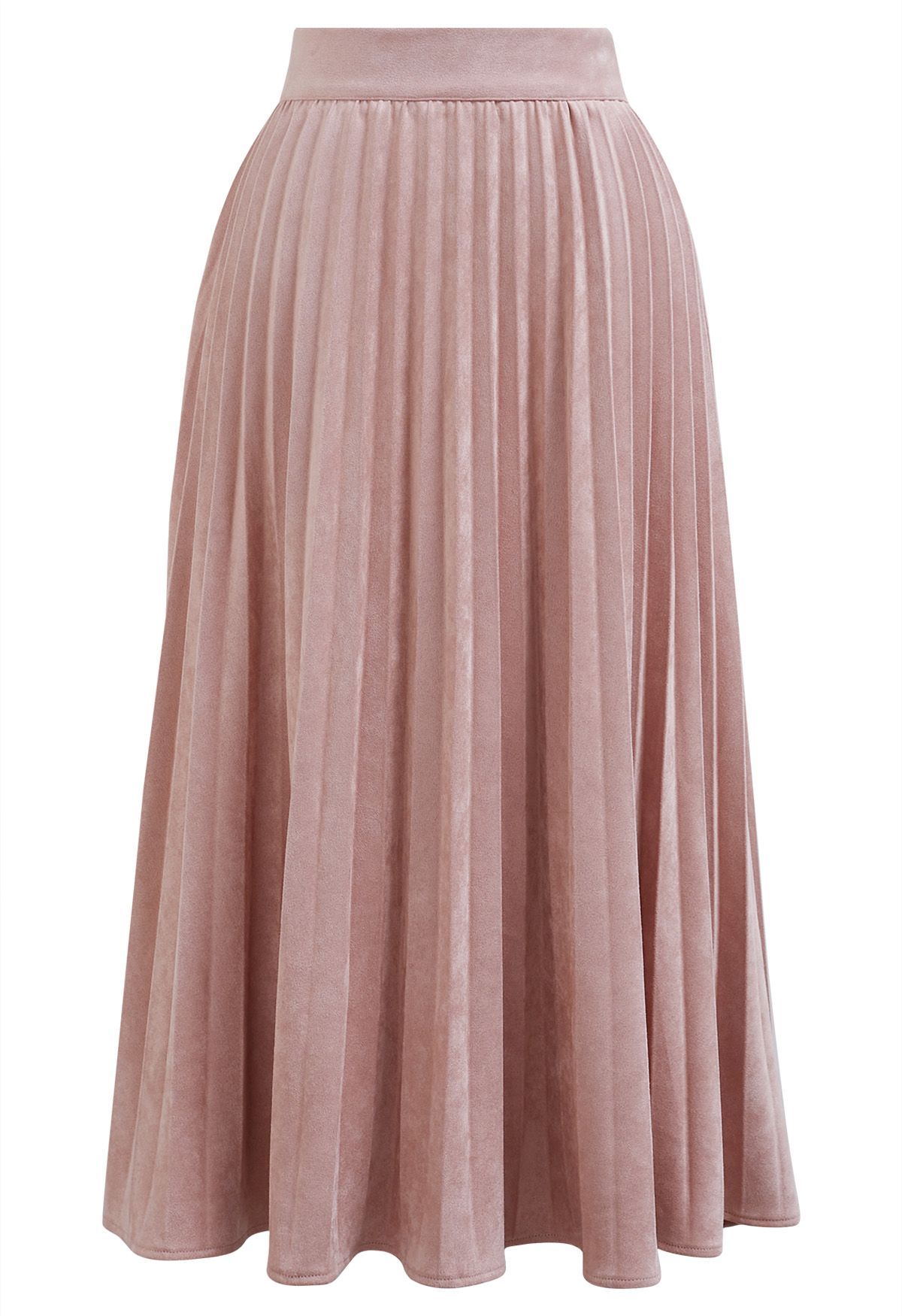 Smooth Faux Suede Pleated Midi Skirt in Pink | Chicwish