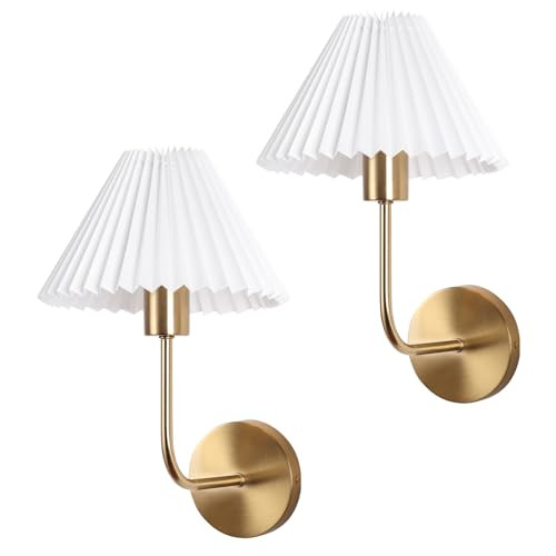 Wireless Wall Sconce Sets of 2, Pleated Shades Rechargeable Battery Operated Wall Sconce, Retro Industrial Gold Wall Lights Bathroom Vanity Sconces, Wall Mounted Lamps for Bedroom Living Room Kitchen | Amazon (US)