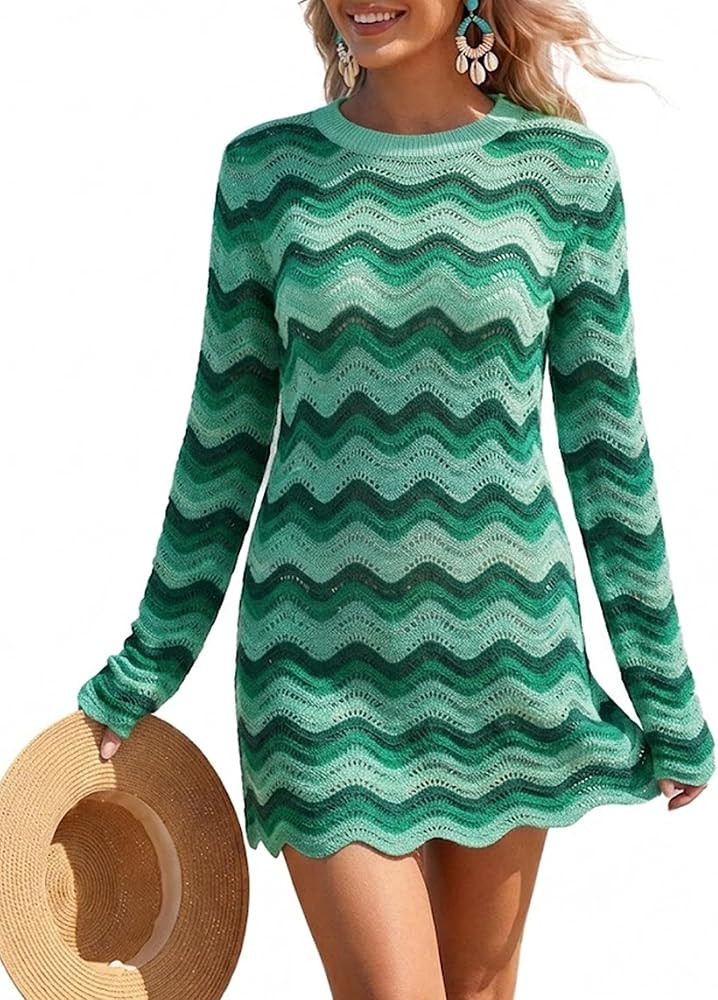 Women's Crochet Colorful Mesh Summer Long Sleeve Cover Ups Casual Striped Beach Wear Knit Mini Dr... | Amazon (US)
