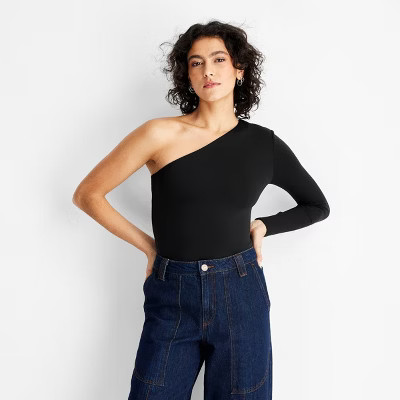 Women's Long Sleeve One Shoulder Bodysuit - Future Collective Black M | Target