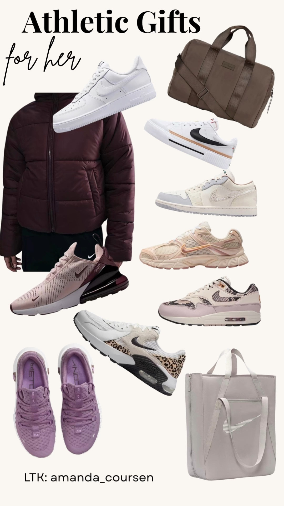 Nike Faves + Gift Ideas for Her

My top Nike picks are live + they’re so good! Linking my must-have gym bags, the coziest puffer jacket, and all my favorite Nike workout shoes (SO many styles). These make perfect athletic gifts for her — whether she’s a gym girlie, a walker, or loves cute everyday athleisure.

Last minute gifts for her, Nike gifts for her, Nike shoes, Nike hoodie, Nike bag.

#lastminutegifts

Tap to shop all my fave Nike finds! 🖤✨

#Nike #NikeGiftsForHer #NikeFaves #NikeStyle #NikeGymBag #NikePufferJacket #NikeShoes #NikeWorkoutShoes #AthleticGiftsForHer #GiftsForHer #AthleisureStyle #GymOutfitIdeas #LTKFit #LTKStyle #LTKAthletic #GymBagEssentials #WinterActivewear #WorkoutOutfits #FitnessFashion #GymStyle #AthleisureOutfit #LTKFinds #LTKGiftGuide #HolidayGiftsForHer #MomOnTheGo