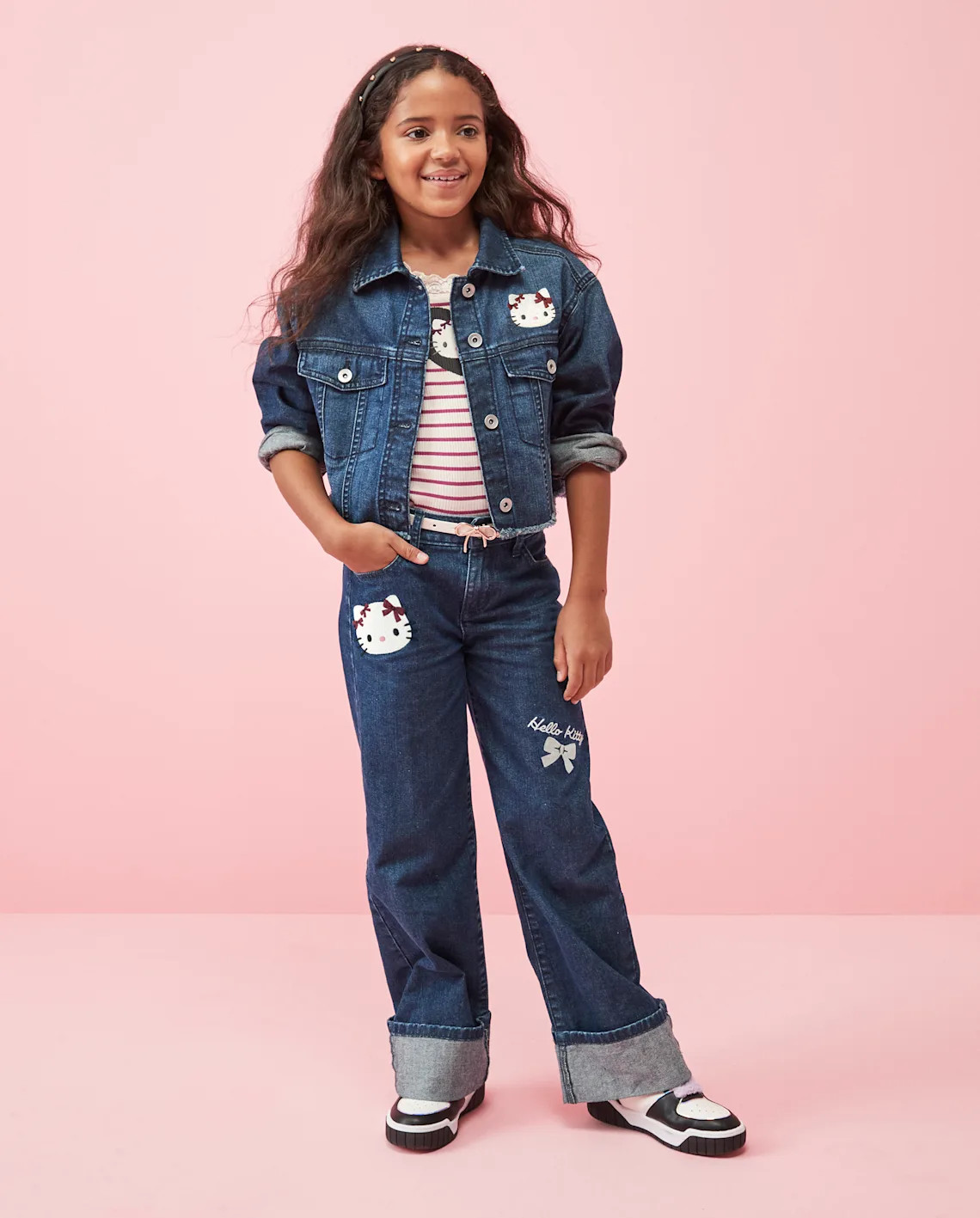Girls Hello Kitty® Embroidered Roll Cuff Wide Leg Jeans - blue | The Children's Place
