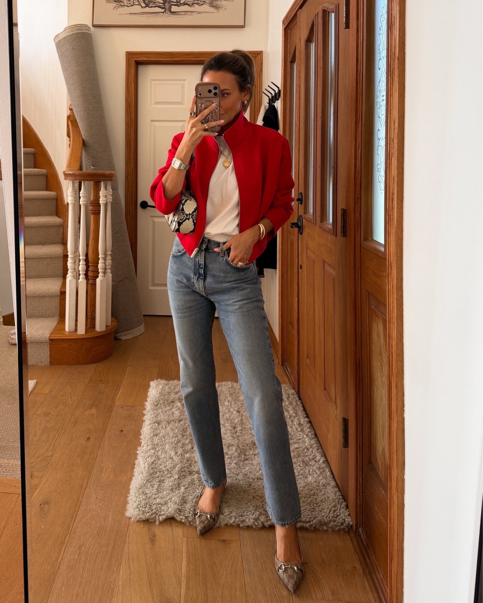 Zara red jacket (such a must right now!) perfect lightweight and a great pop of color! Oversized white tee and classic mid rise straight leg jeans, these are Toteme and worth the investment

#LTKootd #LTKSeasonal #LTKOver40