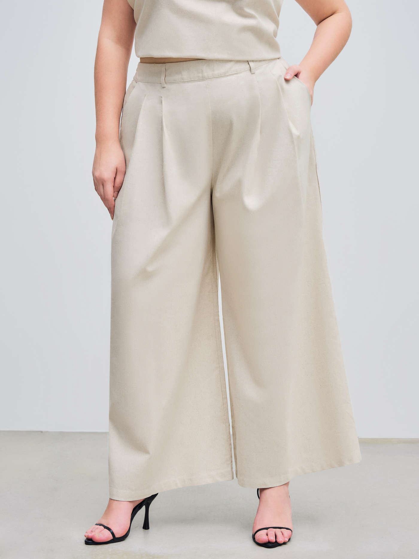 Linen-blend Mid Rise Pleated Solid Straight Leg Trousers Curve & Plus | Cider