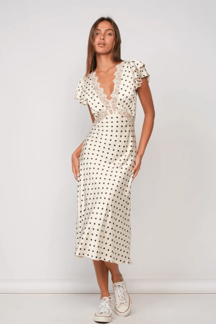 Caila Ivory Polka Dot Slip Midi Dress | Confête