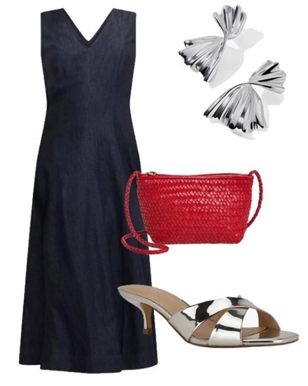 A dark blue chambray dress with a red bag, silver sandals and silver jewelry give you a sophisticated dressed up red, white and blue look.

#LTKootd #LTKSeasonal #LTKOver40