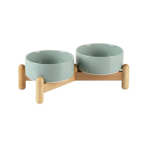 Havniva Ceramic 5.1inch Raised Double Bowls Set with Wooden Stand, Elevated Food & Water Bowls for Small Breed Dogs, Cats, Kitty, Weighted Dog Dishes, Pet Bowls(13.5oz, Light Green) | Amazon (US)