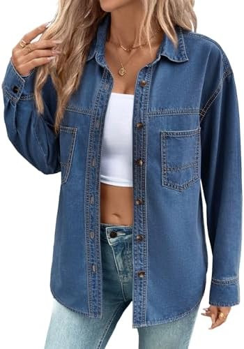 Sidefeel Women Denim Shirts Oversized Long Sleeve Button Down Blouse V Neck Casual Top Shackets | Amazon (US)