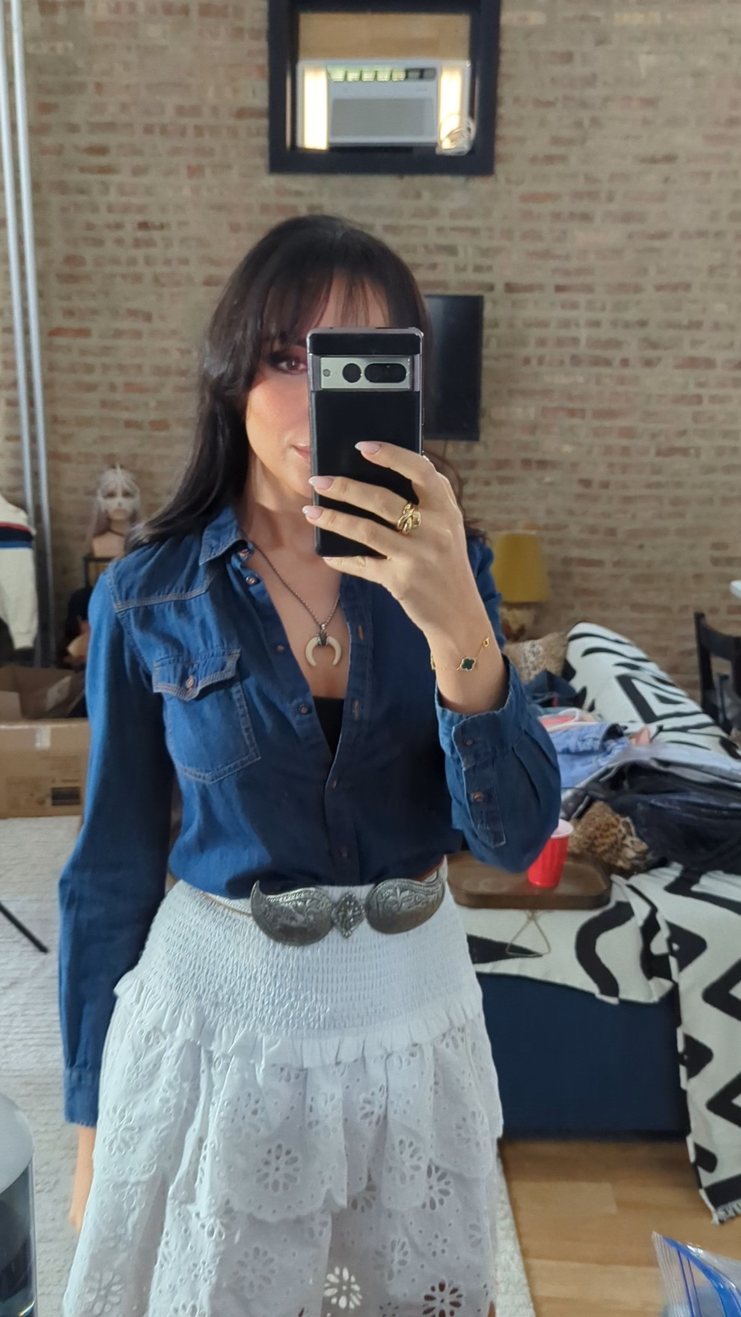 Mixing western vibes with a touch of boho romance! Obsessed with this denim shirt and eyelet lace skirt combo. All outfit links are in my bio! #westernstyle #denimondenim #springfashion 

 #LTKHoliday #LTKootd #LTKSaleAlert