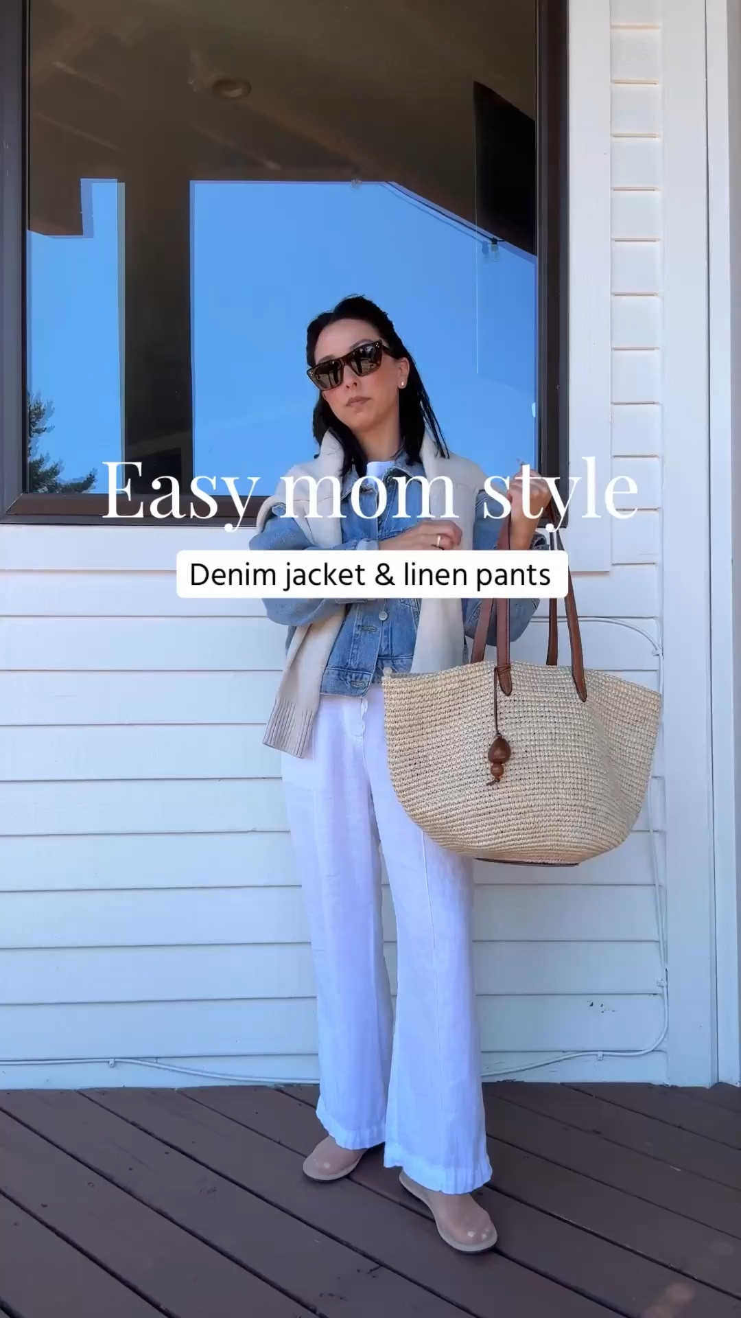 String style staples: linen pants & a denim jacket. 👏🏼

Agolde jacket xs
Aritzia tee medium
Gap factory pants petite xs
Amazon mesh flats 5
Hunting Season tote
Quince sweater small in Speckled beige
Celine sunglasses 
Blue Nile studs
Dorsey James necklace 15”

Petite style, spring style, spring outfits 2026, denim jacket

#LTKmomlife #LTKootd #LTKPetite