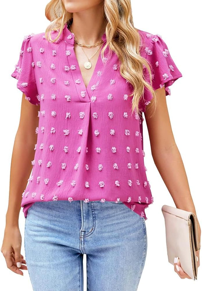 MIRALUNA Blouses for Women Dressy Flowy V Neck Ruffle Sleeve Chiffon Cute Swiss Dot Summer Tops f... | Amazon (US)