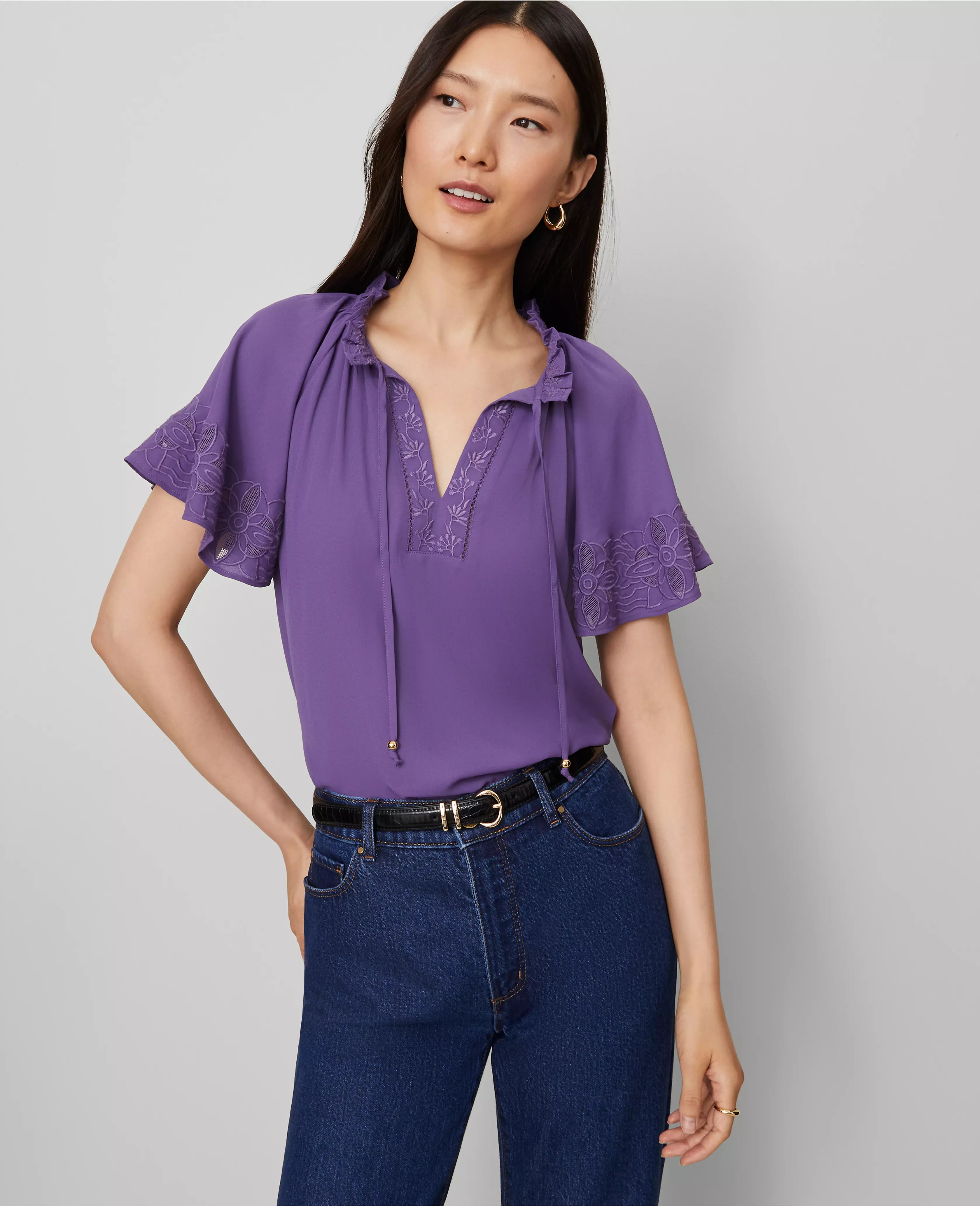 Tie Neck Ruffle Popover | Ann Taylor