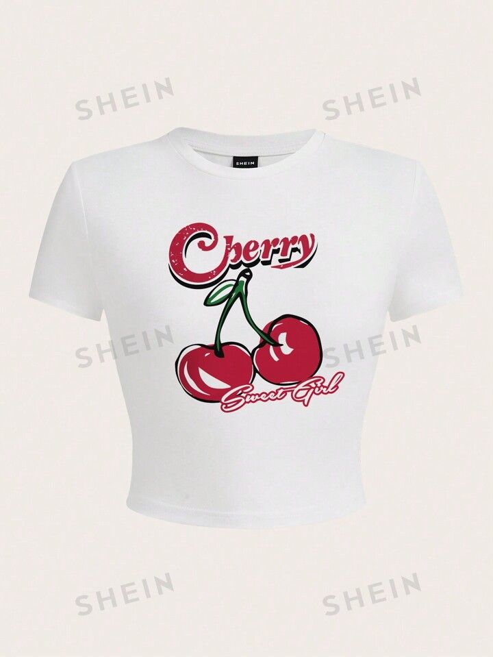 SHEIN EZwear Women's Cherry & Letter Print Short Sleeve T-Shirt | SHEIN