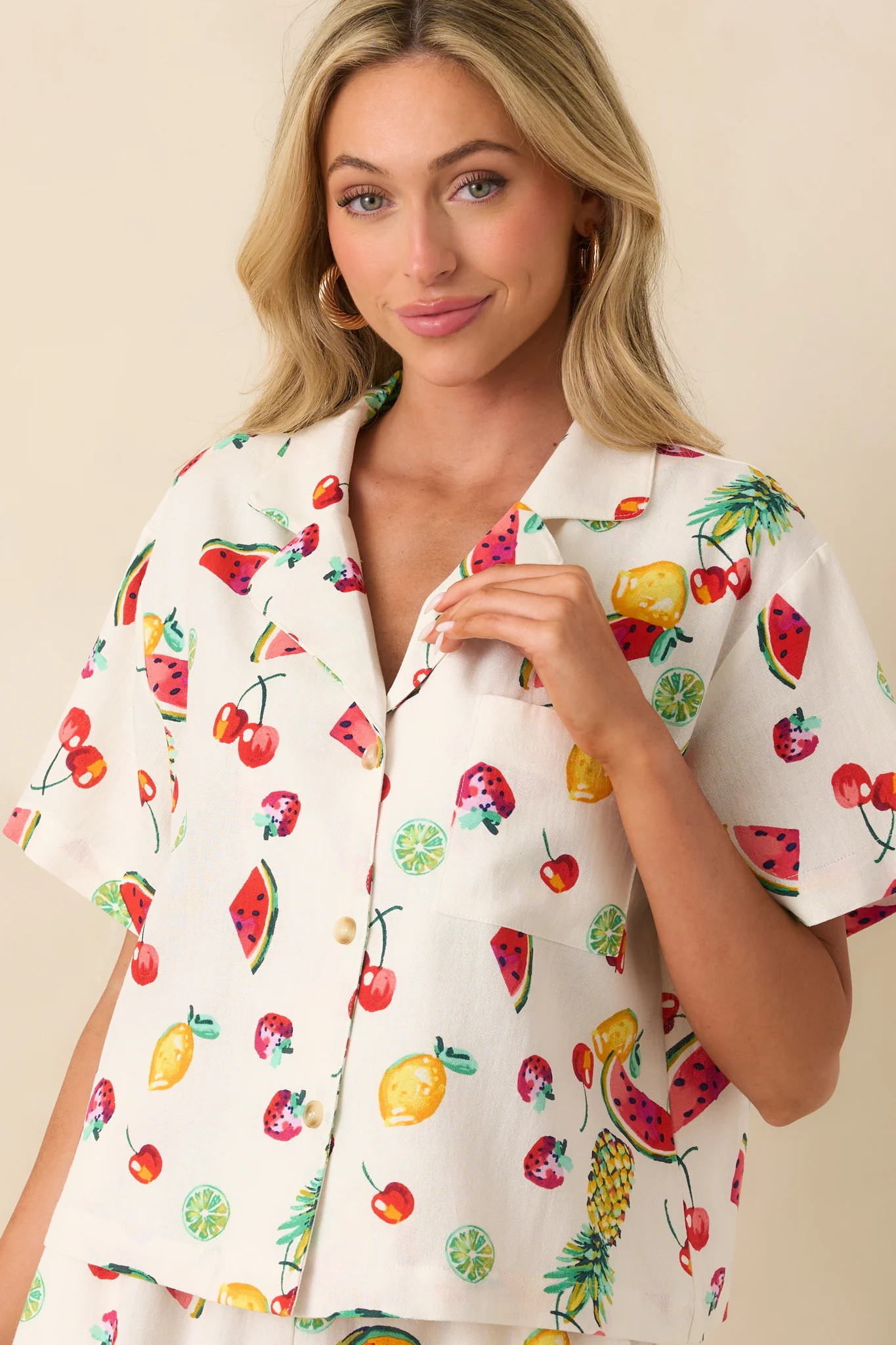 Just Like Before Ivory Multi Fruit Print Button Front Top | Red Dress