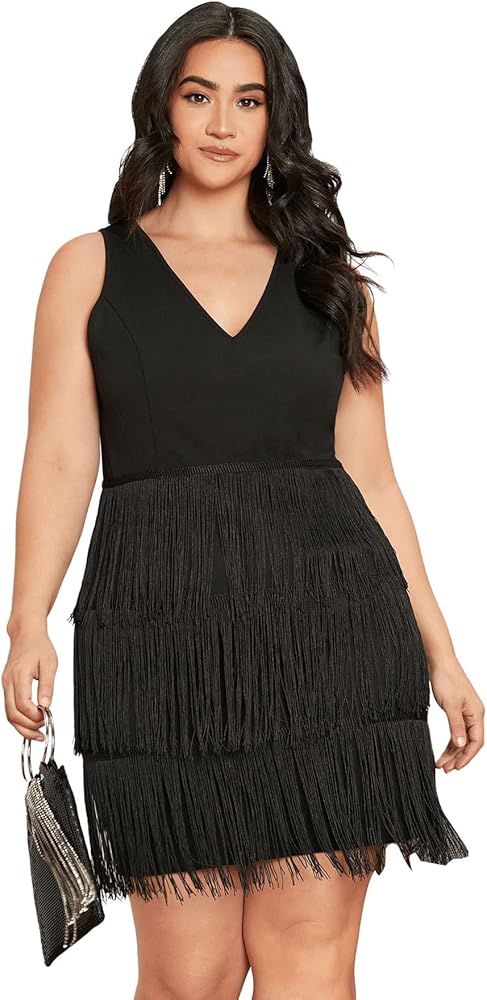 Floerns Women's Plus Size V Neck Sleeveless Layered Fringe Hem Party Short Dress | Amazon (US)