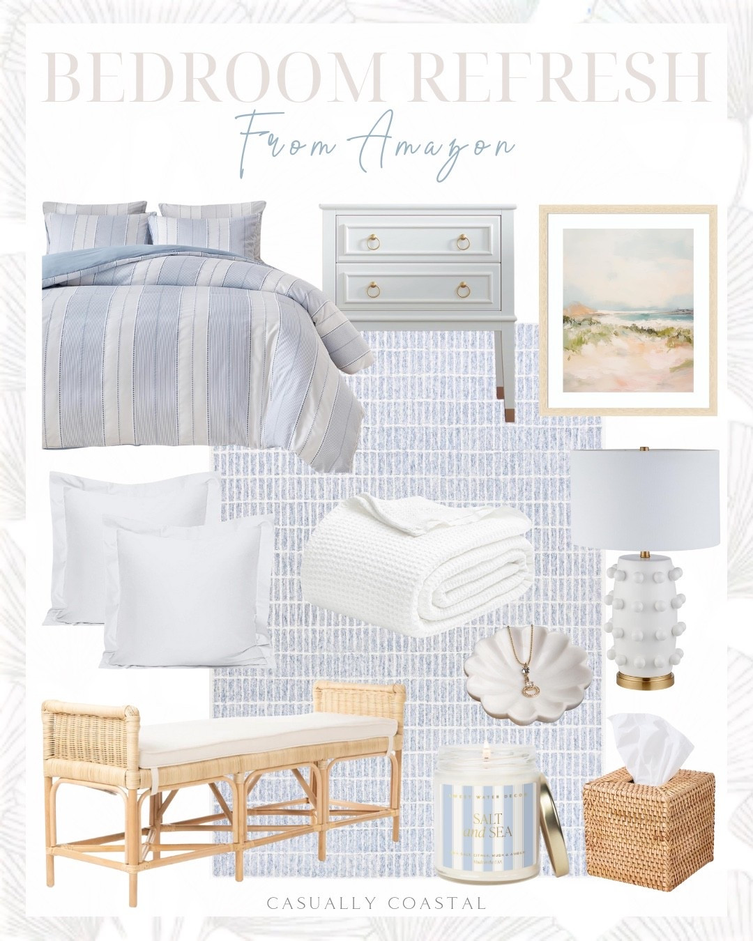 Bedroom Refresh From Amazon

Amazon home decor, bedroom refresh, Amazon rug, coastal bedroom, coastal rug, Amazon wall art, coastal artwork, Amazon bedding, coastal bedding, Amazon lamp, coastal lamp, coastal bench, Amazon nightstand, Amazon blanket, Amazon candle, bathroom vanity tray, tranquil landscape framed wall art, tall nightstand with charging station, rattan sidebar bench, blue striped duvet cover, coastal duvet cover, sweet water decor salt & sea candle, cotton blanket, white waffle weave blanket, ceramic table lamp, rattan tissue box cover, euro sham covers, wool area rug, blue rug, bedroom rug, marble jewelry tray, mattress topper, Beckham hotel collection bed pillows 

#LTKHome