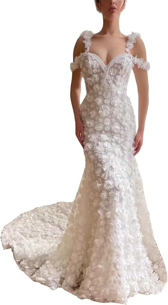 Mermaid Wedding Dresses for Bride Boho Long Sleeve Lace Tulle Beach Bridal Dress with Train for B... | Amazon (US)