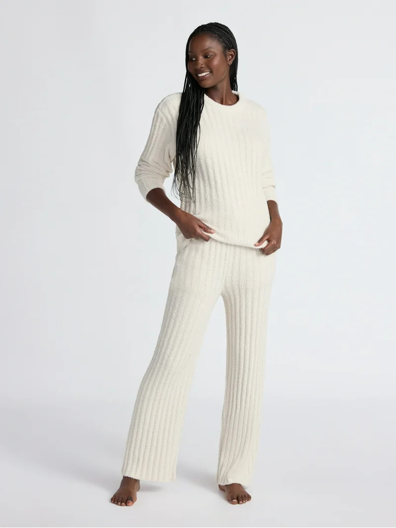 Joyspun Women's Cozy Ribbed Crewneck Top and Wide-Leg Pants Set, 2-Piece, Sizes XS-3X | Walmart (US)