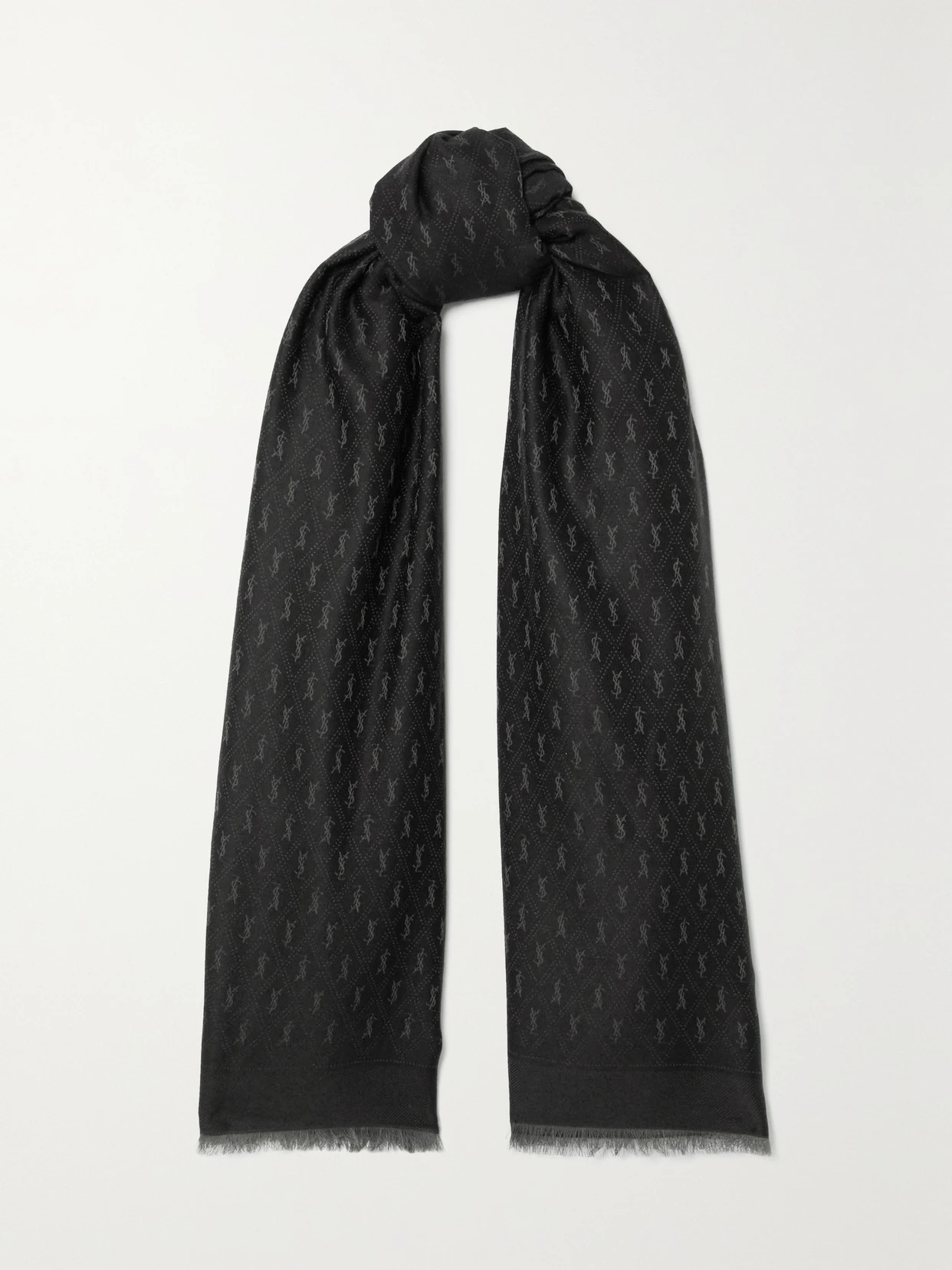 SAINT LAURENT - Fringed Wool, Cotton And Silk-blend Jacquard Scarf - Black | NET-A-PORTER (US)