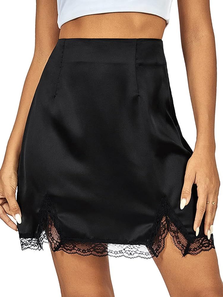 Vrtige Women's Satin Lace Trim High Waist Split Hem Bodycon Mini Short Skirt | Amazon (US)