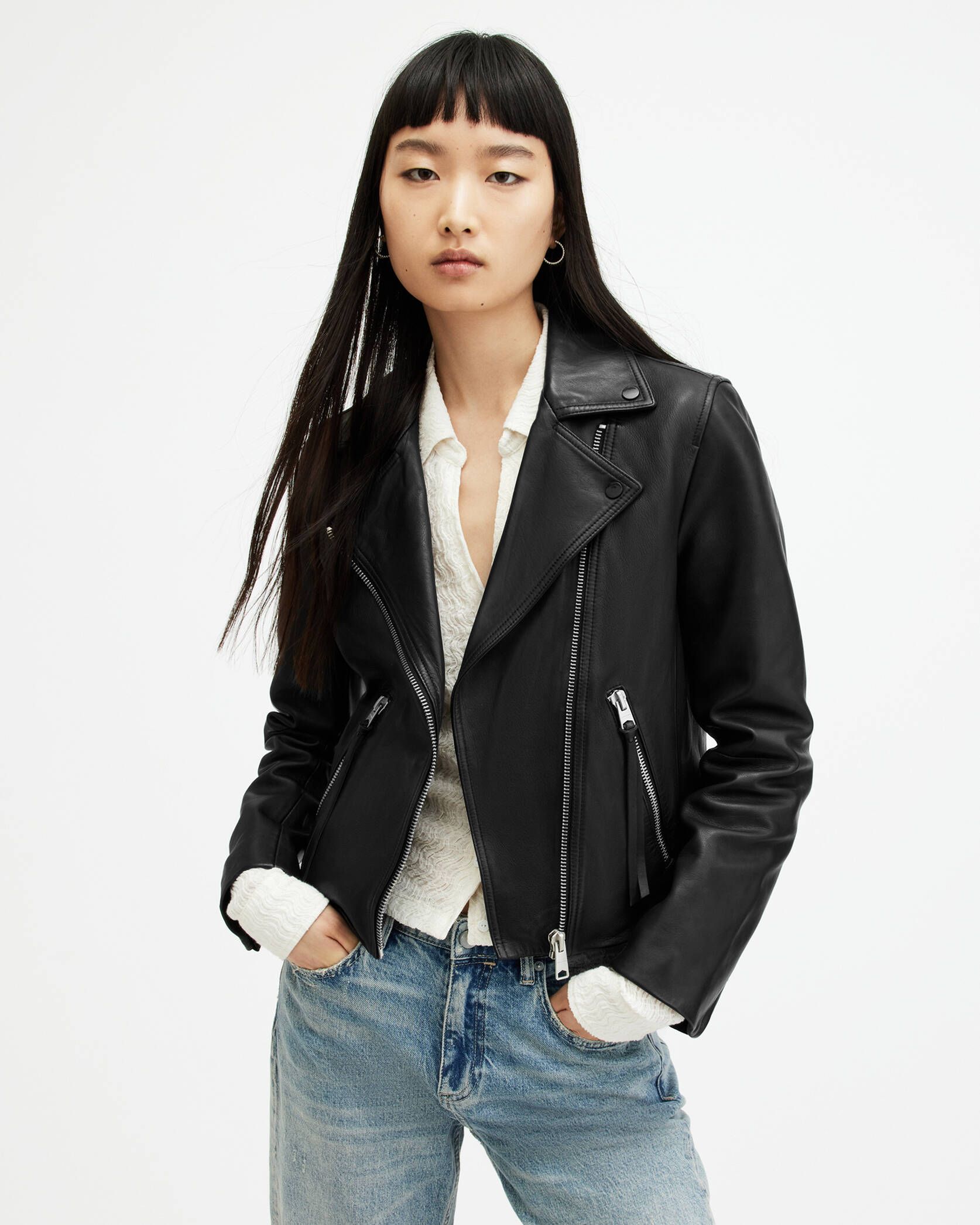 Dalby Slim Fit Leather Biker Jacket Black | ALLSAINTS US | AllSaints US