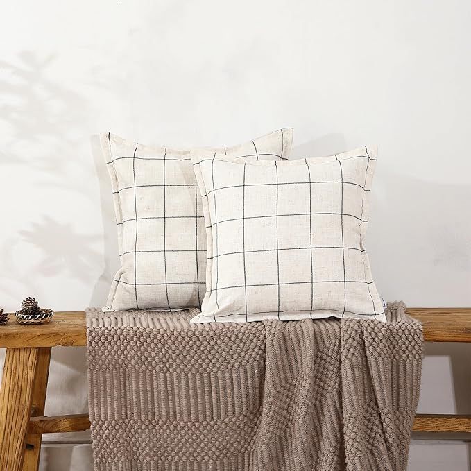 Black and White Plaid Boho Farmhouse Linen Throw Pillow Covers Set of 2, 18x18 inches, White | Amazon (US)