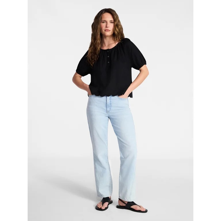 Time and Tru Women's Linen Blend Blouse with Scalloped Hem, Sizes XS-XXXL | Walmart (US)
