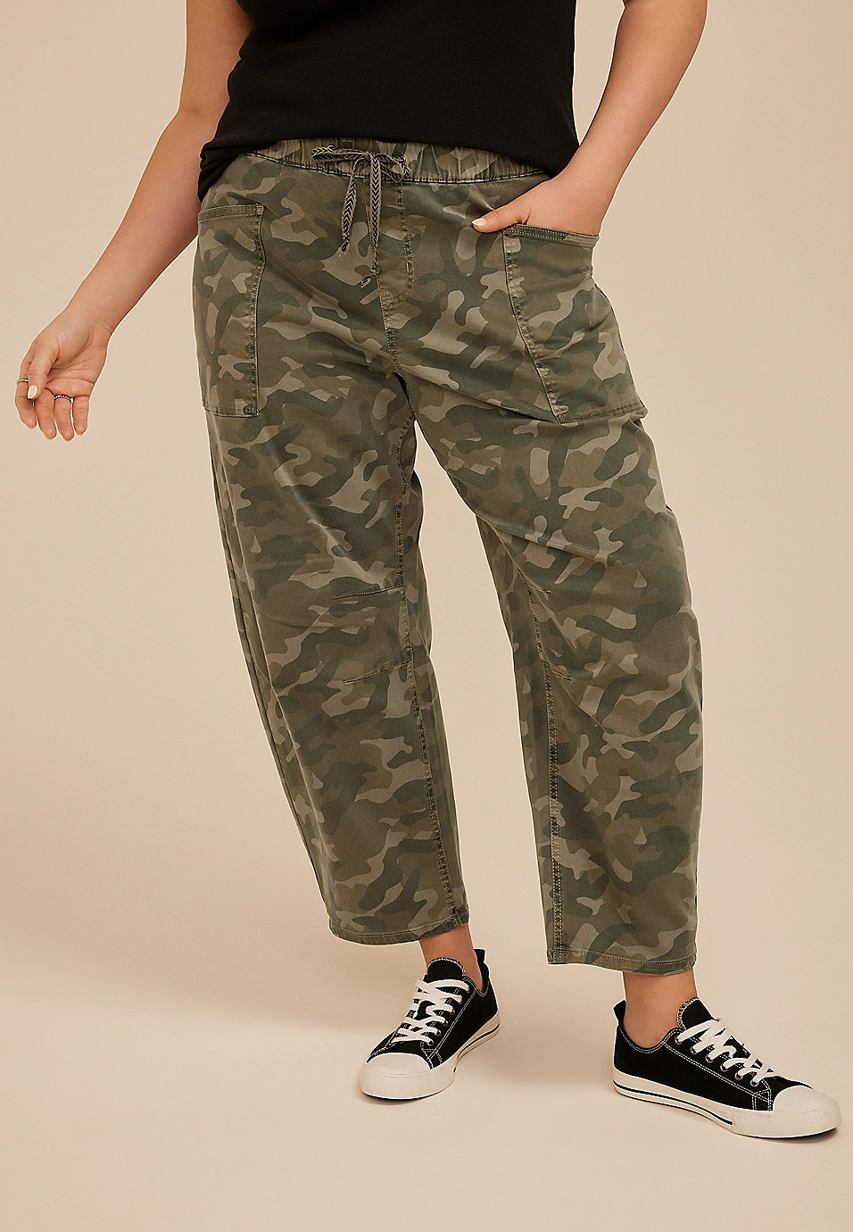 Plus Size Camo Barrel Leg Weekender Pant midsize tall petite wide leg | Maurices