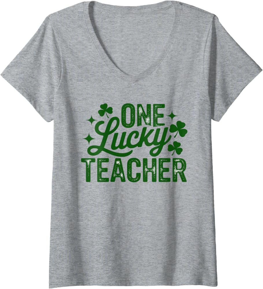 Womens One Lucky Teacher St Patricks Day Shamrock School V-Neck T-Shirt | Amazon (US)