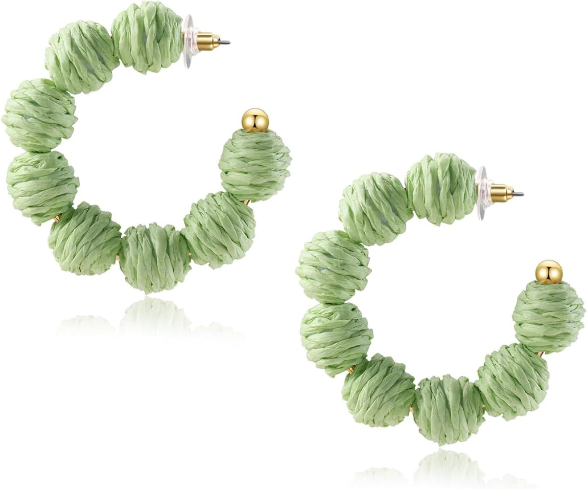 Colorful Statement Raffia Hoop Dangle Earrings for Women - Fun Summer Rattan Beach Vacation Jewel... | Amazon (US)