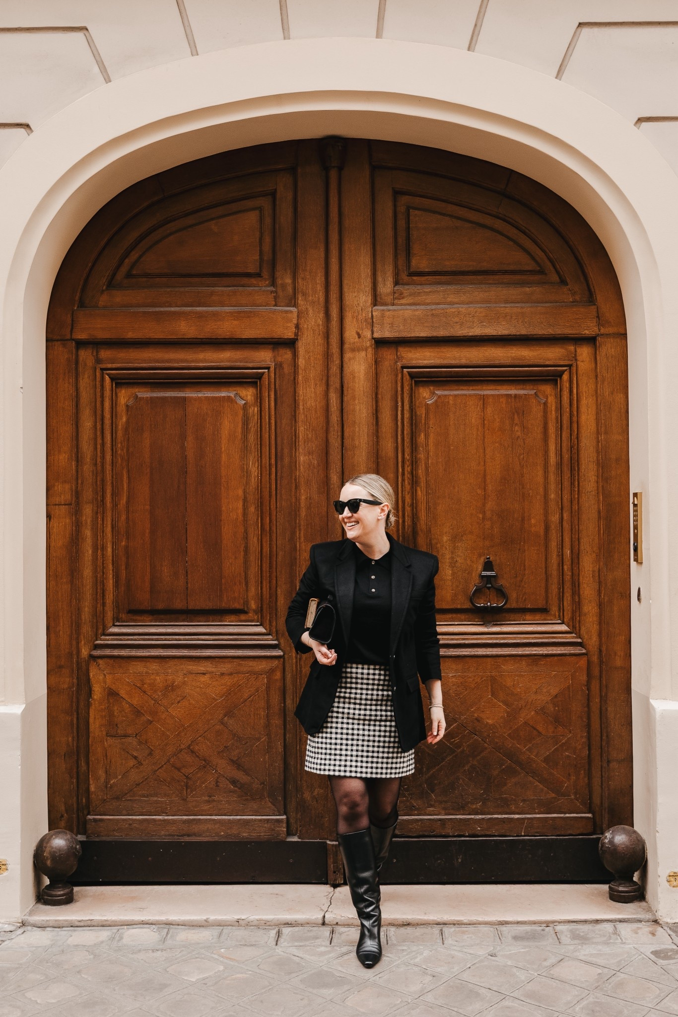 Paris fall outfit. Preppy outfit. Mini skirt from Sézane size 8. Jcrew wool boyfriend blazer sixe S - it’s really oversized! Size L polo sweater. Knee high boots  

#LTKSaleAlert #LTKMidsize #LTKOver40