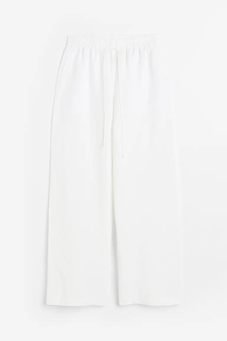 Linen-blend pull-on trousers - High waist - Long - Beige - Ladies | H&M GB | H&M (UK, MY, IN, SG, PH, TW, HK)