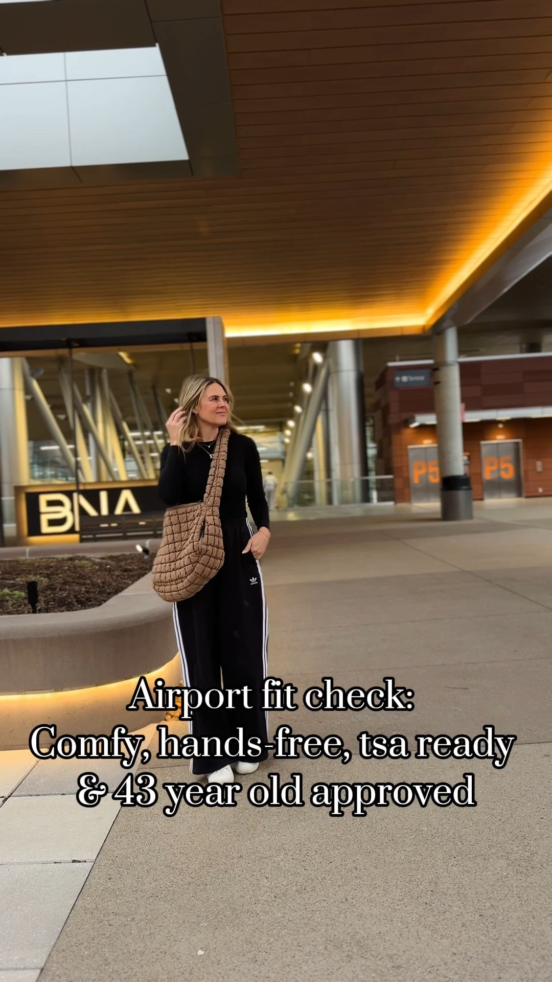 Airport fit check for comfy and hands free. 

Pro tip: If you park on level 5 of garage 1, takes you right to this spot for easy access to the terminal. This is right in front of the hotel entrance, outdoor searing area, dog park and a place for the kiddos to run around. 

#LTKWatchNow #LTKTravel #LTKOver40