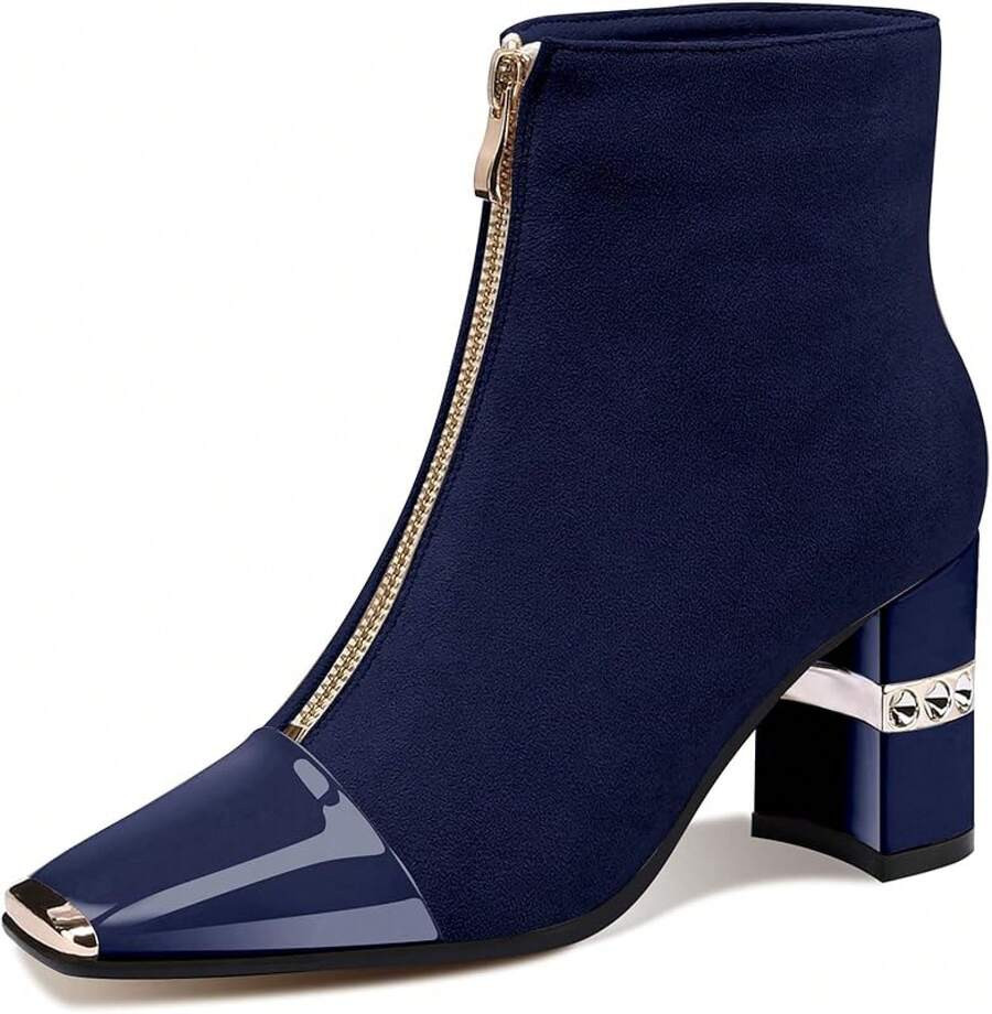 Women's Ankle Boots Block Chunky Heels Booties Metal Square Toe Suede Front Zipper 3 Inch Short B... | SHEIN