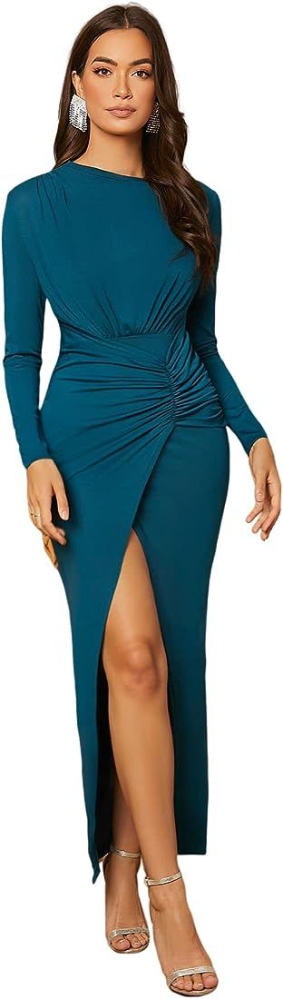 Floerns Women's Elegant Long Sleeve Ruched Wrap Hem Party Long Maxi Dress Teal Blue L at Amazon W... | Amazon (US)