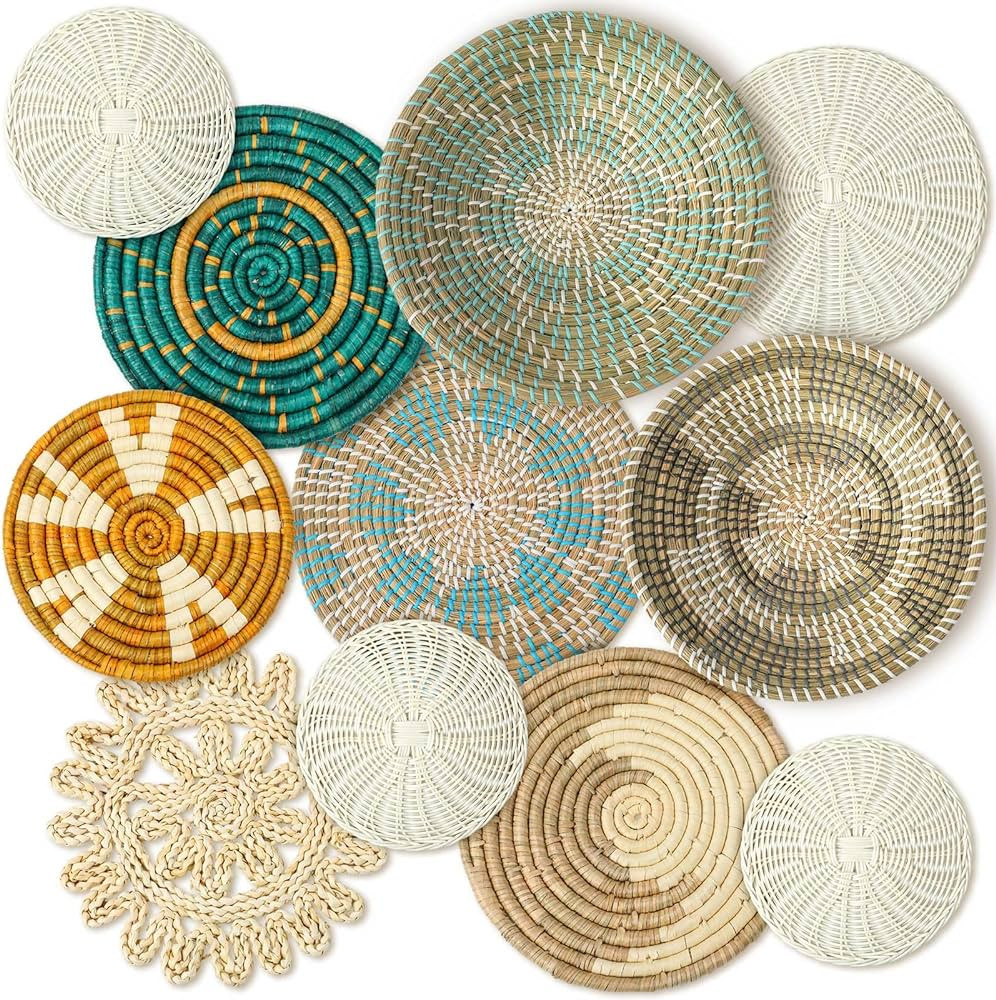 11 Pcs Boho Wall Basket Decor Decorative Bulrush Woven Basket Wall Decor Boho Wall Art Round Farm... | Amazon (US)