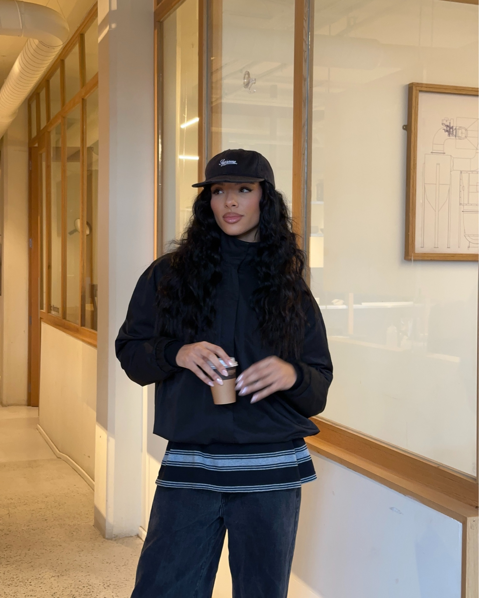 🏷️ black funnel neck jacket, black funnel neck, funnel neck, asos, Asos jacket, supreme, supreme hat, striped long sleeved, long sleeved supreme, street style, baggy black jeans, mom jeans, PLT 

#LTKFashionMonth #LTKuk #LTKspring
