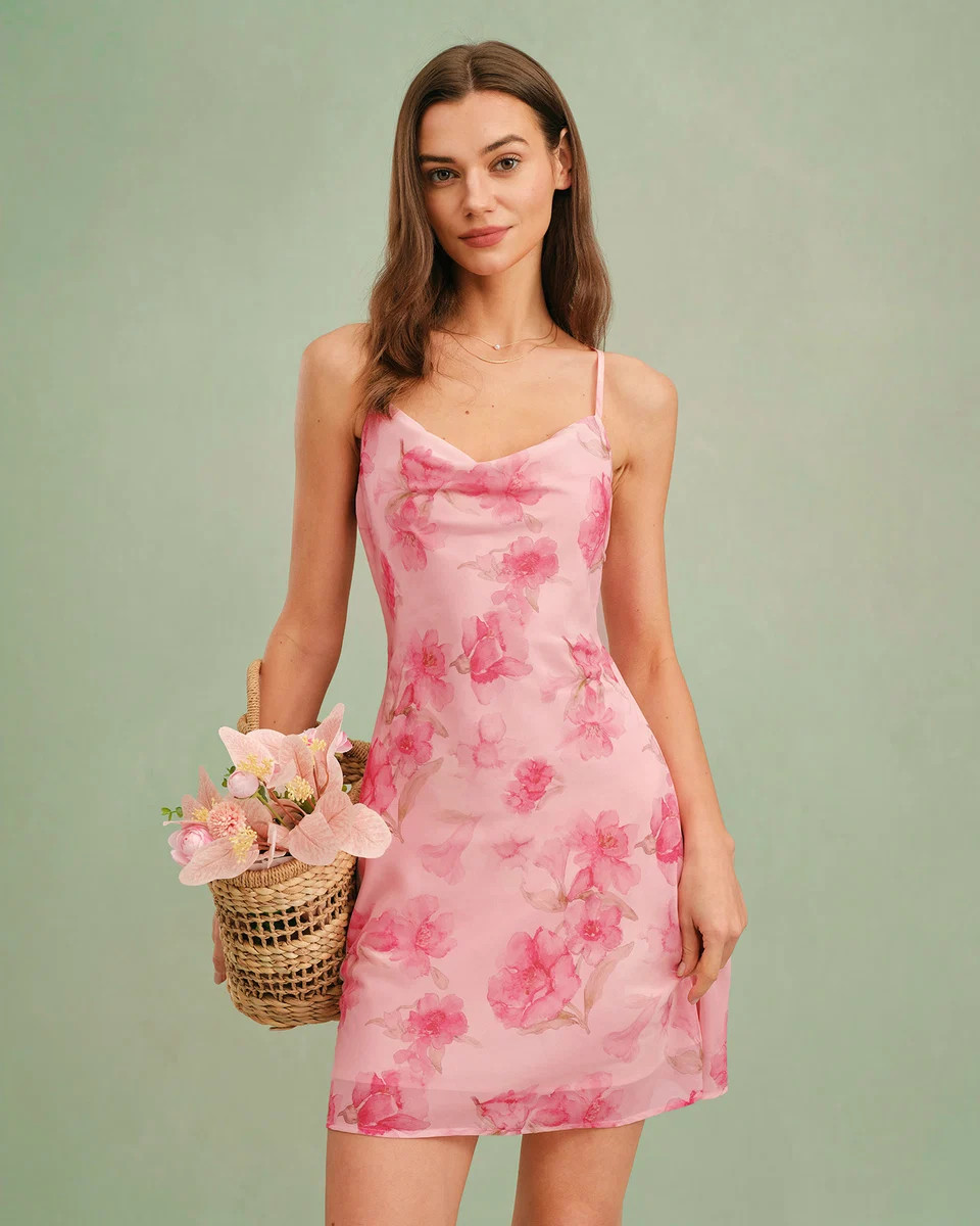 Pink Cowl Neck Floral Slip Mini Dress | rihoas.com