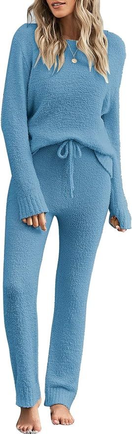 luvamia Women's Casual Pajama Set Fuzzy Fleece Knitted Long Sleeve Pj Loungewear | Amazon (US)