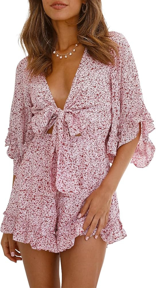 PRETTYGARDEN Women’s Leopard Print Shorts Jumpsuit Wrap V Neck 3/4 Sleeve Casual Loose Oversize... | Amazon (US)