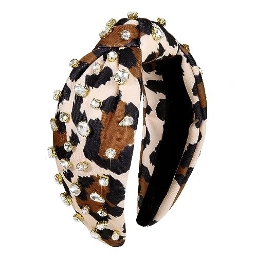 Leopard Knotted Headband for Women Pearl Rhinestone Jeweled Embellished Leopard Print Top Knot Hairband Cheetah Headpiece Statement Wide Turban Hair Hoop Funny Gifts for Girls Ladies Sister | Amazon (US)
