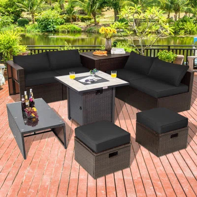 Jalyza 9 Pieces Outdoor Patio Furniture Set With 30" Propane Fire Pit Table Outdoor Pe Wicker Space-saving Sectional Sofa Set With Storage Box And Cus | Wayfair North America
