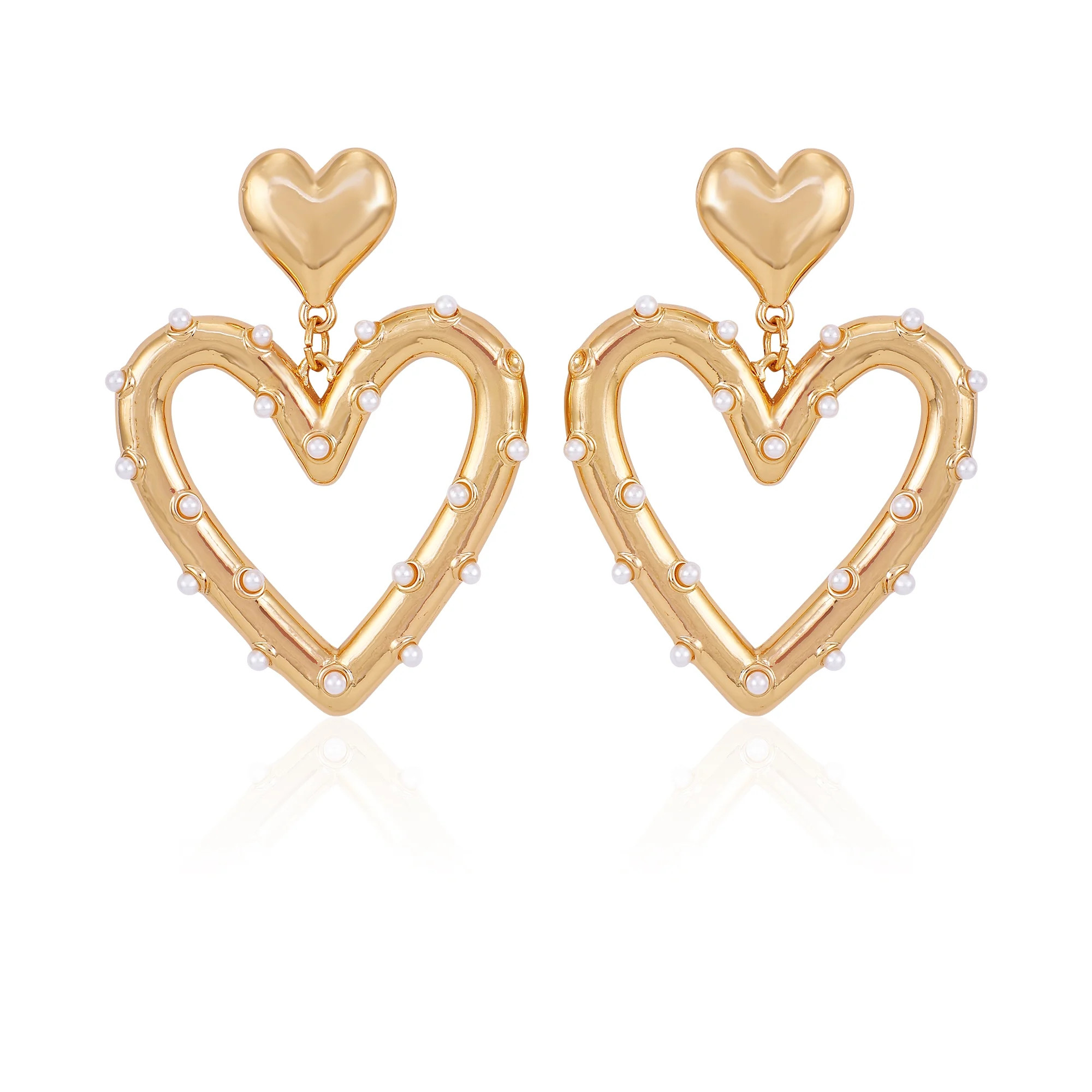 Time and Tru Women's Goldtone Open Heart Post Earrings With Pearl Stations | Walmart (US)