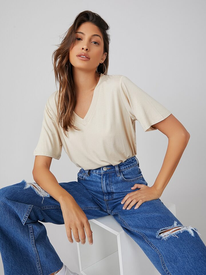 SHEIN BASICS V-neck Solid Tee | SHEIN