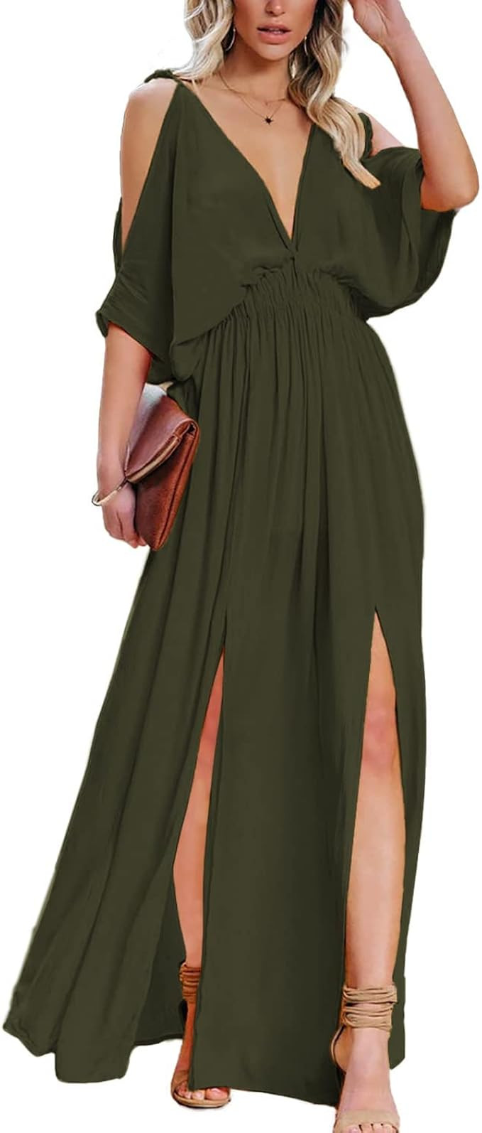 DEEP SELF Women Summer V Neck Cold Shoulder Short Sleeve Maxi Dress High Waist Split Wedding Gues... | Amazon (US)