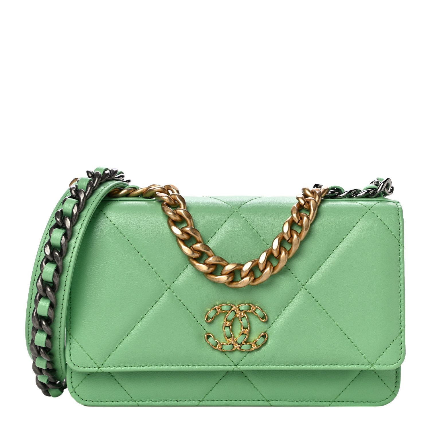 Lambskin Quilted Chanel 19 Wallet On Chain WOC Green | Fashionphile