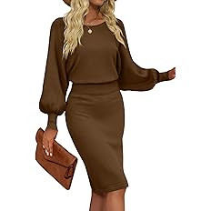 MIROL Women's Casual 2025 Long Puff Sleeve Solid Bodycon Midi Dress Ribbed Knit Oversized Pullove... | Amazon (US)