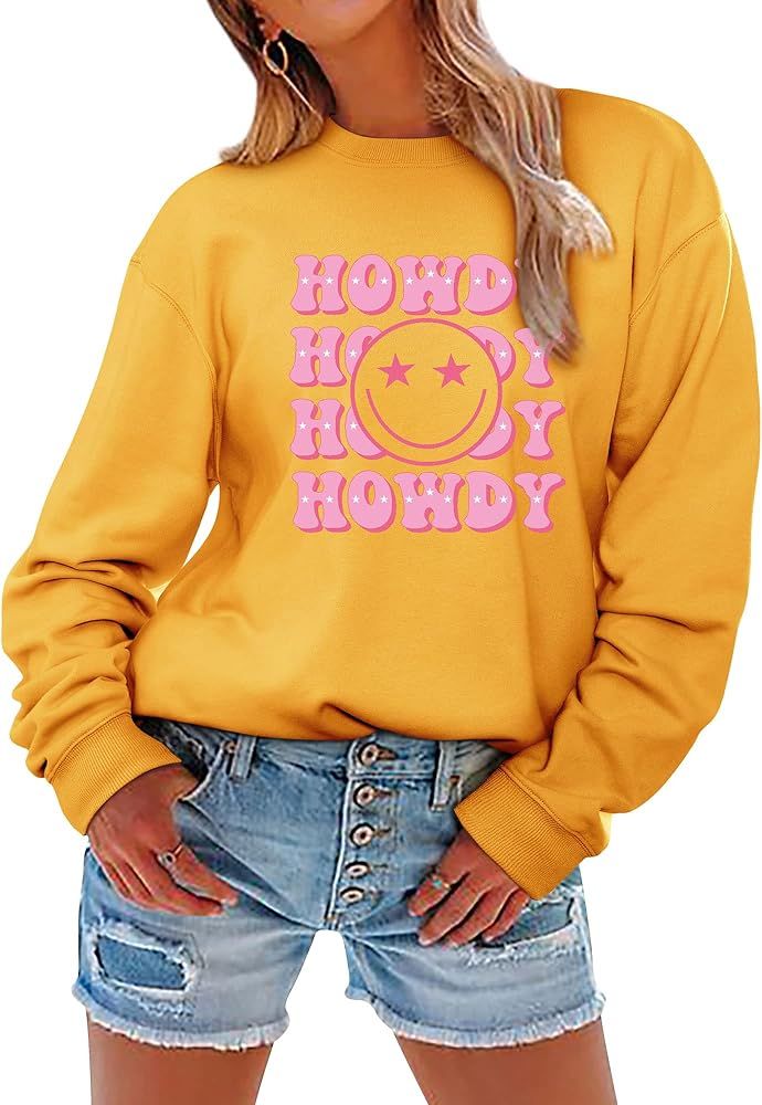 OUNAR Howdy Happy Graphic Sweatshirt Hip Hop Letter Printing Crew Neck Pullover for Women | Amazon (US)