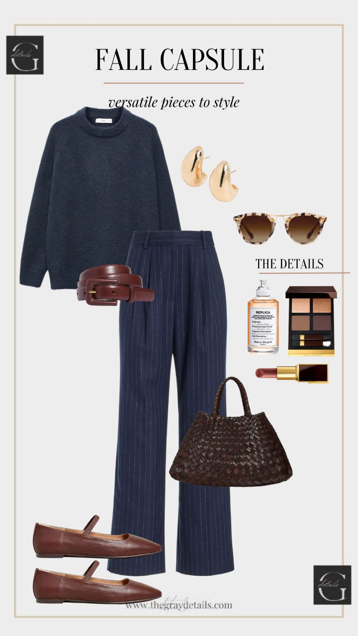 Fall capsule outfit

Pinstripe pants
Ballet flats
Brown bag
Fall bag
Navy sweater 
Fall makeup 

#LTKover40 #LTKstyletip